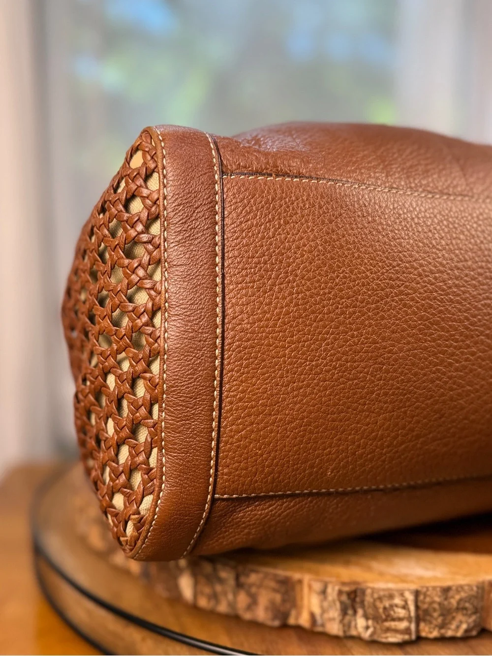 Cole Haan Paige Cognac Brown Woven Leather Hobo Shoulder Bag Gold Hardware EUC